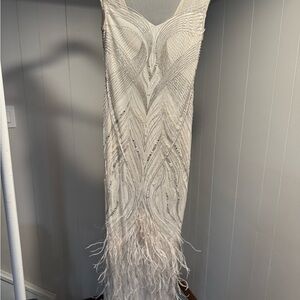 Parker Black Label Beaded Ivory Evening Dress with Feather Hem